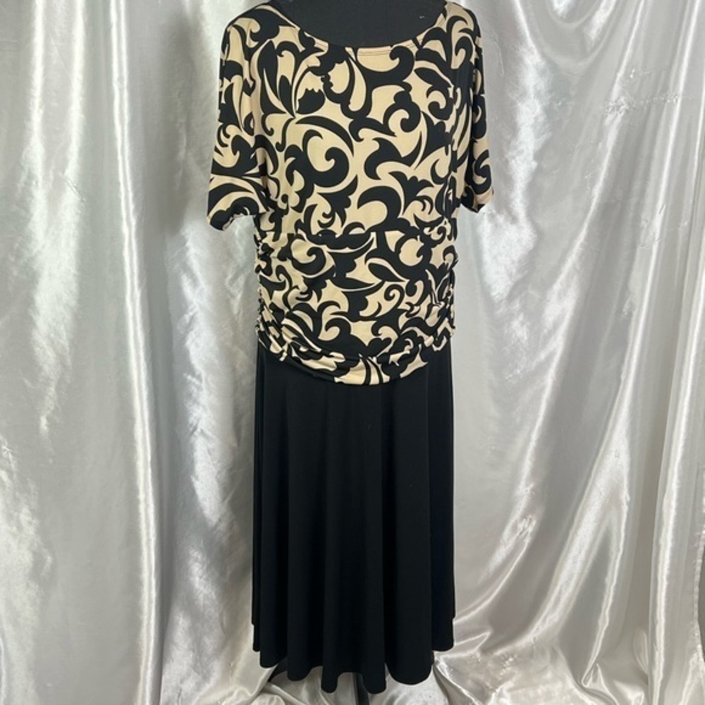 Vintage Y2K Black Beige Baroque Print Dress Size 16W- Ruched Waist Midi Dress